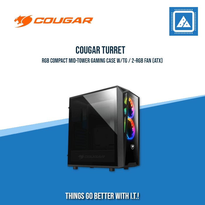 COUGAR TURRET RGB BLACK ATX MID TOWER PRO-COOLING COMPACT GAMING CASE WITH TEMPERED GLASS SIDE WINDOW COUGAR TURRET RGB BLACK ATX MID TOWER PRO-COOLING COMPACT GAMING CASE WITH TEMPERED GLASS SIDE WINDOW